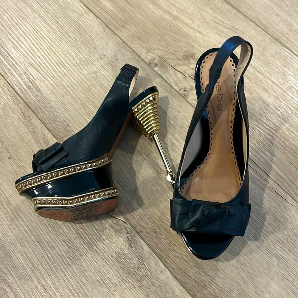 Bebe Black and Gold Bow Platform Shoes